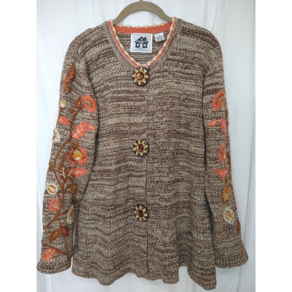 VTG Storybook Knits Sz 1X Embroidered Embellished Fall Autmn Cardigan Sweater